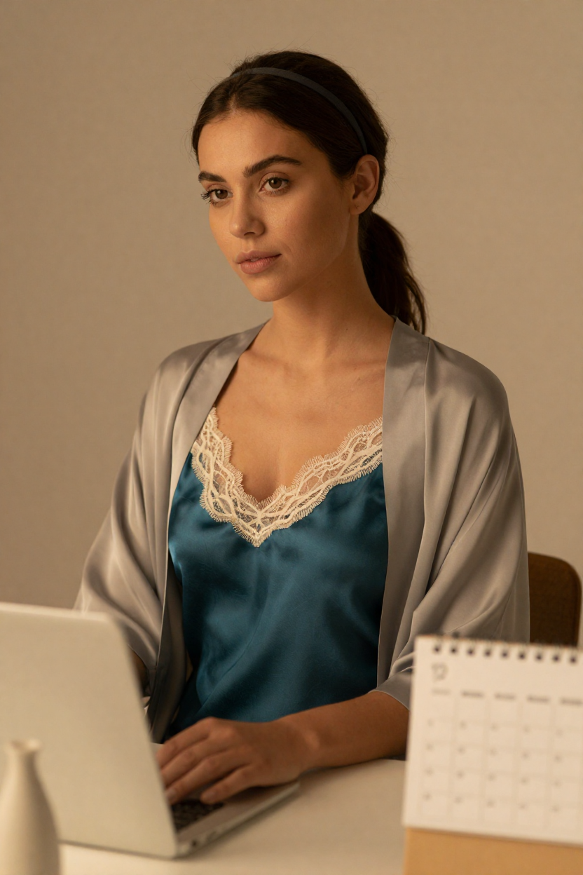 Fictional 29-year-old woman, dark chestnut hair in a loose low ponytail with a plain band, warm